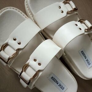 Steve Madden Cream Slide Sandals with Gold Buckles
